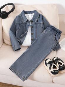 Genkimix Kids 2pcs Boys Denim Set, Autumn Denim Jacket With Turndown Collar Paired With Loose Denim Pants, Fashionable Streetwear For Young Boy 2 Pieces Set, Autumn/Winter Fall - Blue - View 1