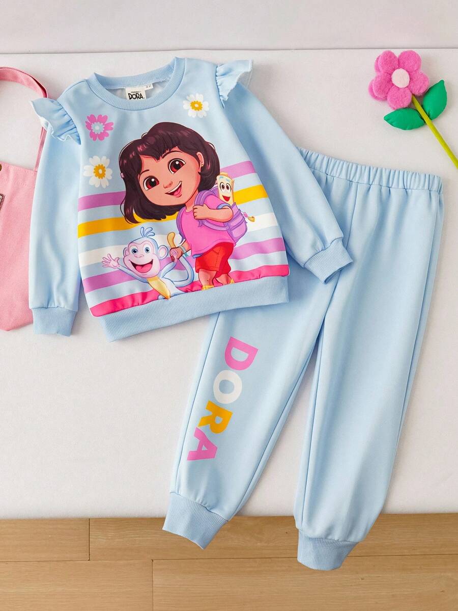 DORA | SHEIN 2件套年轻女孩休闲卡通图案圆领长袖运动衫和裤子针织套装 - 藍色 - 查看 1