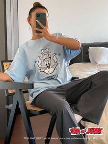 TOM AND JERRY X DAZY 卡通印花短袖 T 恤上衣搭配纯色宽松直筒睡裤 2 件套睡衣套装 - 霧霾藍 - 查看 3