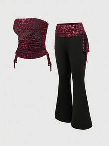 ROMWE Spring/Summer 2pcs Women's Sexy Set - Rhinestone Letter & Leopard Print Bandeau Crop Top And Drawstring Pants - Red - View 9