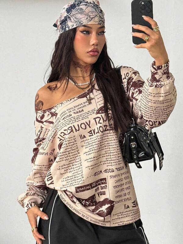 Coolane Women's Fall/Winter Slogan Print Oblique Shoulder Long Sleeve Loose Casual Newspaper Pattern Fashion T-Shirt,Fall Clothes For Women
