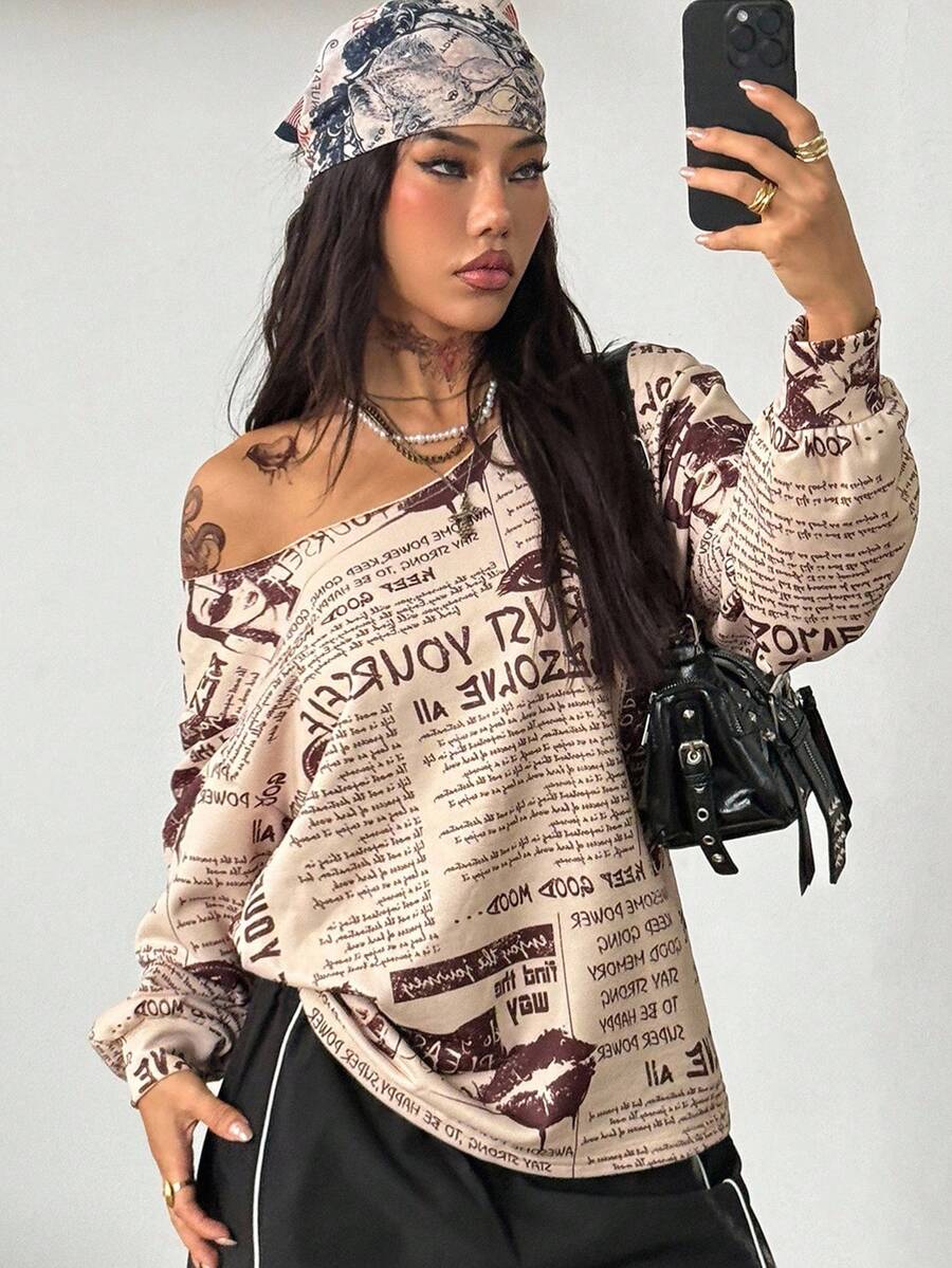 Coolane 女士标语印花斜肩长袖宽松休闲时尚T恤 - 卡其色 - 查看 1