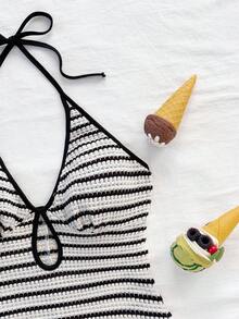 Soleia 女士休闲度假新款 V 领露背系带蝴蝶结镂空黑白撞色修身罗纹连体裤，适合派对、约会、下午茶、海滩 - 黑與白 - 查看 4