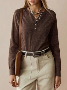 Florisole Pull vintage tricoté, pull ample et décontracté pour femme avec boutons, automne/hiver - Marron - Voir 6