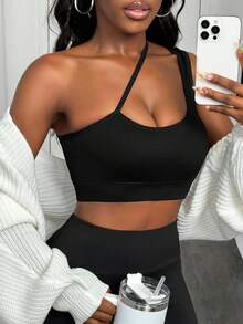 Slaydiva One Shoulder Crop Sports Bra - Black - View 6