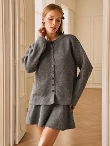 Chiquease 宽松圆领单排扣毛衣上衣+松紧腰短裙毛衣两件套 - 灰色 - 查看 3