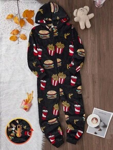 Teenage Boys' Hamburger, Fries And Soda Graphic Plush Hooded Long Sleeve Jumpsuit, Soft Plush Fabric, Casual Streetwear And Loungewear For Winter Holidays,Christmas Clothes