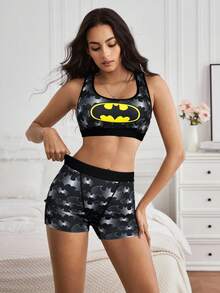 BATMAN X SHEIN Ensemble de lingerie pour femmes avec soutien-gorge à encolure échancrée et culotte à motif géométrique - Noir - Voir 5