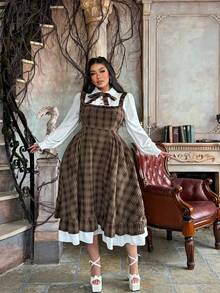 Flirla Autumn/Winter 2 In 1 Long Sleeve Plaid Shirt Dress With Contrast Ruffle Hem Plus Size Pinafore Dress Brown Plaid Dress Western Dress Pinafore Dress Cottagecore Dress - Multicolor - View 9