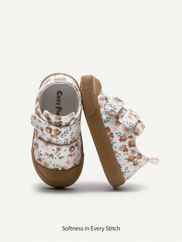 Cozy Pixies 1 par de zapatos casuales de lona planos con gancho y bucle con estampado floral beige para niñas, estilo universitario lindo y cómodo para actividades diarias y al aire libre