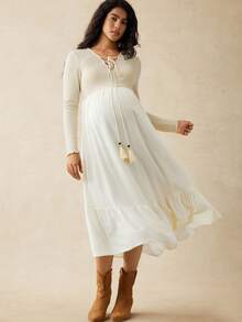 Boho Mama 孕妇休闲纯色不对称下摆连衣裙，秋季 - 杏色 - 查看 6