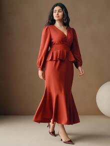Anewsta Plus Size Women's Rust Orange V-Neck Ruffle Hem Midi Dress,Autumn Elegant Wedding Guest Party Gown,Chic Stylish Casual Cozy Christmas New Year Outfit - Rust Brown - View 5