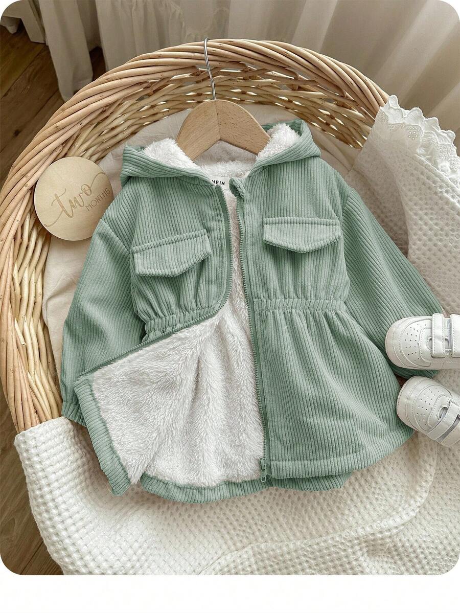 女婴绿色灯芯绒连帽保暖内衬夹克，秋冬 - 綠色 - 查看 1