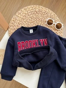 SHEIN 2pcs Baby Girl Cute Grey Letter Print Long Sleeve Sweatshirt And Pants Set, Autumn/Winter Fall - Navy Blue - View 6