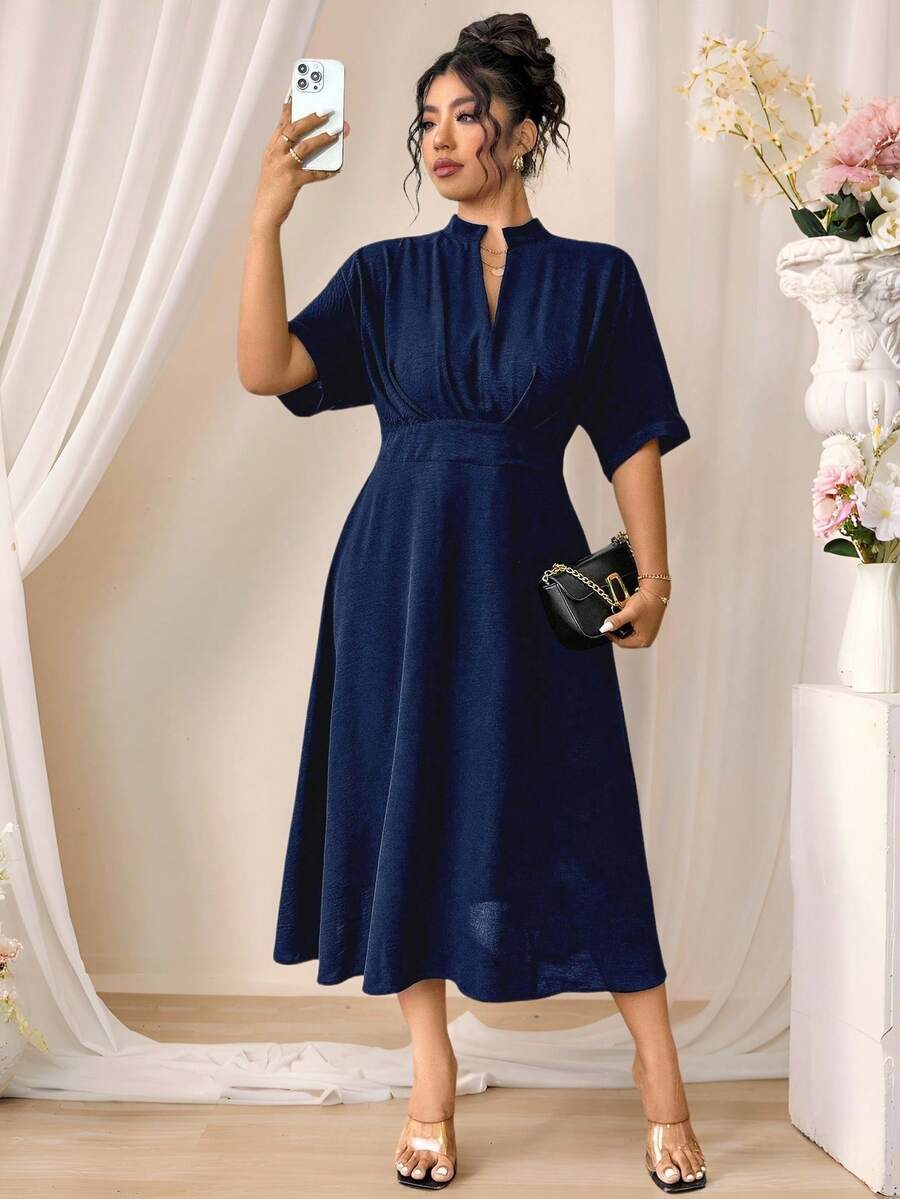 Elenzga 优雅休闲商务通勤女装夏季褶皱设计黑色中长款松紧腰宽松V领短袖大码连衣裙 - 藏蓝色 - 查看 1