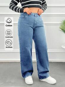 EURMUSE HIGH RISE STRAIGHT PLUS SIZE RELAX JEAN - Blue - View 1