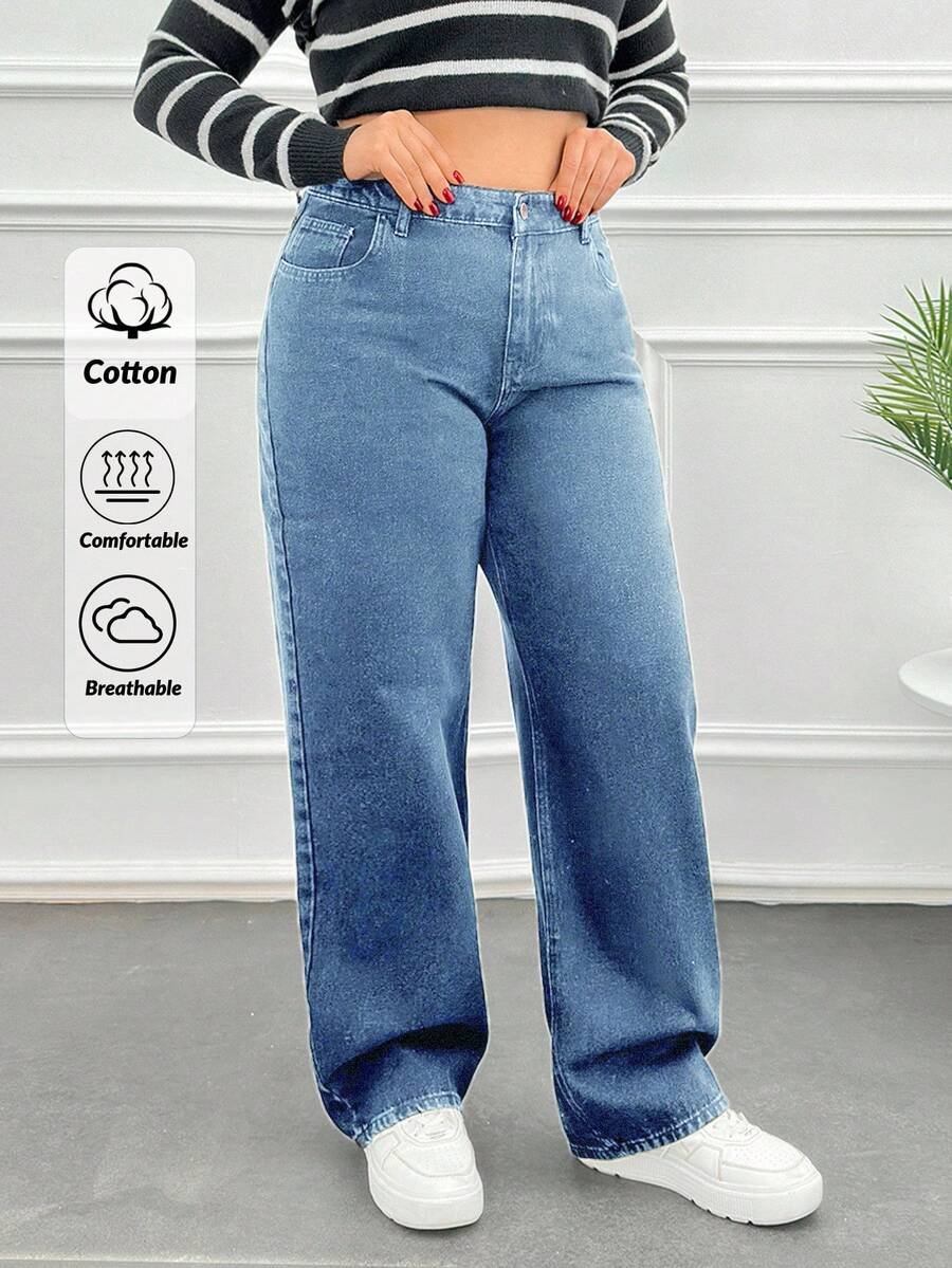 EURMUSE HIGH RISE STRAIGHT PLUS SIZE RELAX JEAN - Blue - View 1