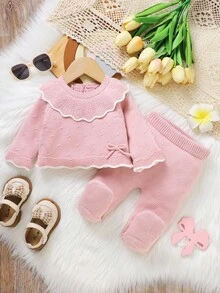 SHEIN Conjunto de 3 piezas de suéter verde para bebé - Blusa de manga larga con cuello Peter Pan + Leggings + Sombrero de moda, Conjunto casual minimalista para recién nacidos