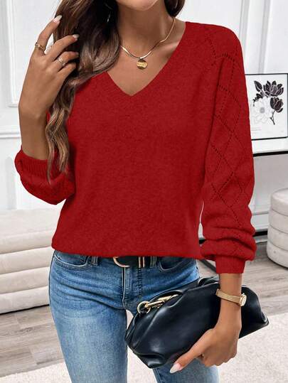 EMERY ROSE Women's Solid Color Long Sleeve Hollow Casual V-Neck Knit Sweater, Autumn/Winter, Christmas