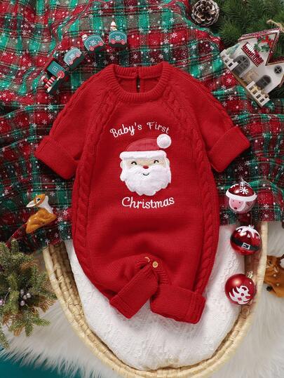 SHEIN Mono de Navidad rojo con bordado de Papá Noel para bebés y niños pequeños, cuello redondo, manga larga, edición navideña