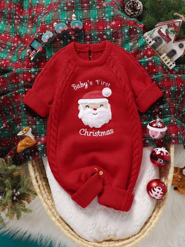 SHEIN Tutina natalizia rossa per bambini, con ricamo di Babbo Natale, collo rotondo, maniche lunghe, edizione festiva