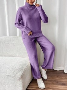 SHEIN Raffinéa 女式纯色高领落肩长袖毛衣和针织裤休闲两件套，秋冬 - 紫色 - 查看 3