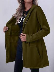 EMERY ROSE Women's Casual Vacation Drawstring Pocket Hooded Sweatshirt Lightweight Long Jacket - Army Green - View 7