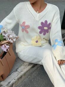 SHEIN Unity 休闲百搭V领花卉图案女式毛衣 - 杏色 - 查看 3