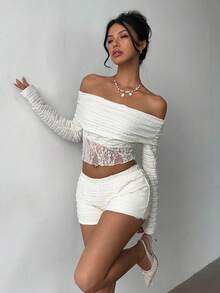 Aloruh Women's Sweet Off Shoulder Apricot Ruffle Lace Patchwork Long Sleeve T-Shirt And Super Short Shorts, Autumn/Winter - Apricot - View 1