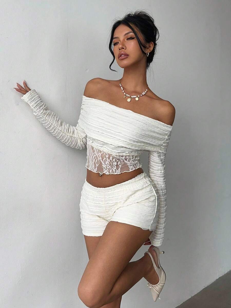 Aloruh Women's Sweet Off Shoulder Apricot Ruffle Lace Patchwork Long Sleeve T-Shirt And Super Short Shorts, Autumn/Winter - Apricot - View 1