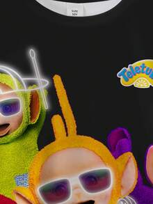 Teletubbies X SHEIN Men's Cartoon Pattern Black Crew Neck Short Sleeve T-Shirt