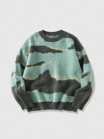 ROMWE MEN Street Life 男士休闲宽松拼色圆领长袖毛衣，秋冬