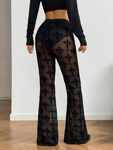 StreetHx 女式街头风弹力网眼透视紧身裤，暗黑朋克风格黑色喇叭裤，秋冬 - 黑色 - 查看 2