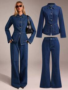 Avantive Fall&Winter Halloween Christmas New Year Going Out Graduation Prom Elegant Formal Luxury Chic Business Casual Birthday/Office Outfits/Country Concert/Club Outfits Sexy/Western/Work Clothes/Streetwear/Vintage/Festival/Cocktail/Rave/Prom/Hawaii/Airport/Funny/Basic/Brunch Outfits/2000s Style/Bodycon/Old Money Style/Church/Homecoming/Classy/Party/Modest/Date Night/Autumn/Winter/Single-Breasted Denim Top/Coat/Jeans/Blue Washed Low Rise Baggy Wide Leg Cowgirl Jeans/Denim 2ps Outfit - Blue - View 8