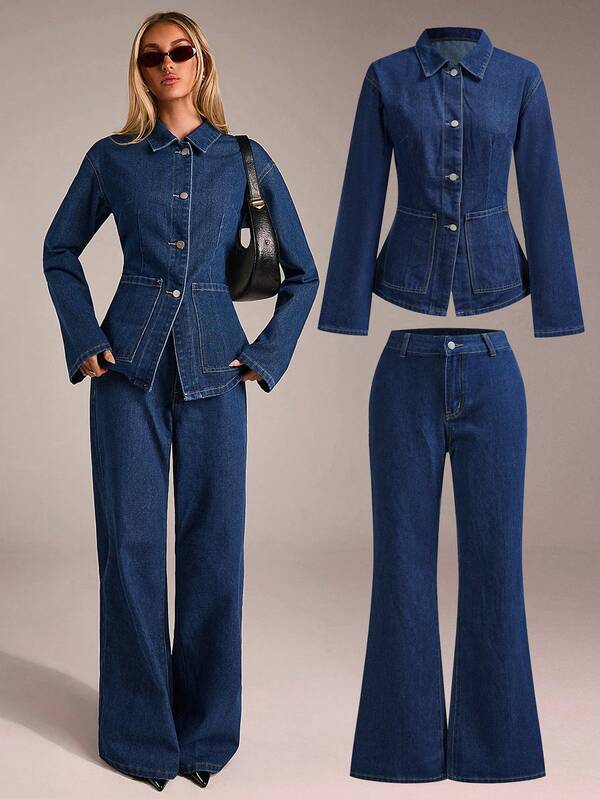 Avantive Fall&Winter Halloween Christmas New Year Going Out Graduation Prom Elegant Formal Luxury Chic Business Casual Birthday/Office Outfits/Country Concert/Club Outfits Sexy/Western/Work Clothes/Streetwear/Vintage/Festival/Cocktail/Rave/Prom/Hawaii/Airport/Funny/Basic/Brunch Outfits/2000s Style/Bodycon/Old Money Style/Church/Homecoming/Classy/Party/Modest/Date Night/Autumn/Winter/Single-Breasted Denim Top/Coat/Jeans/Blue Washed Low Rise Baggy Wide Leg Cowgirl Jeans/Denim 2ps Outfit