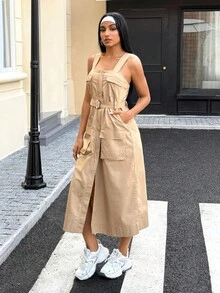 Women's Casual Solid Color Cargo Pocket Denim Dress, Summer - Khaki - View 3
