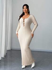 Elenzga Women's Elegant Hollow Out Asymmetrical Metal Button Plus Size Round Neck Drop Shoulder Long Sleeve Solid Color Long Knit Sweater Dress - Apricot - View 2