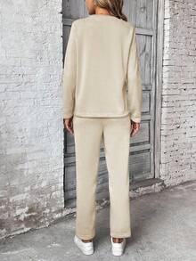 SHEIN PETITE 2 piezas Conjunto de sudadera y pantalones de mujer de manga larga, parte superior tipo pullover y pantalones con cintura elástica y cordón - Albaricoque - Ver 2