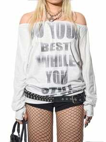 POPSWAY Plus Size Women's Sexy Off Shoulder Long Sleeve Graphic Print Drawstring Casual Loose Top T-Shirt