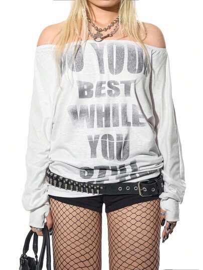 POPSWAY Plus Size Women's Sexy Off-Shoulder Long Sleeve Casual Loose Personalized Print Drawstring Hem T-Shirt, White Tops For Women