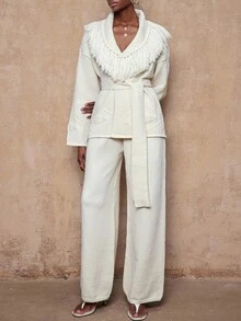 Lumalex VITNOS Women's Cream White Elegant Pointelle Knit Cardigan And Pants Set,Luxury Autumn Long Sleeve Fringe Design Outfits For Tea Party,Casual Comfy - Beige - View 7