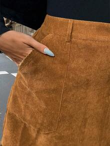Easura Plus Size Corduroy A-Line Zipper Pocket Decorated Midi Skirt
