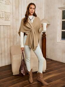 LanaWest 女式休闲纯色蝙蝠袖开衫，秋冬 - 卡其色 - 查看 4