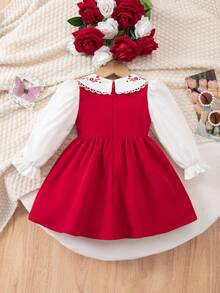 1 paquete Lindo vestido de niña bebé de punto blanco con parches, decorado con encaje y lazo, adecuado para otoño e invierno. El rojo es adecuado para Navidad, uso diario, fiesta, escuela, vestido de cumpleaños, vestido de princesa, a juego con mamá e hija o hermanas.