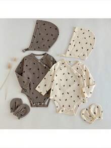 Loomiva 4pcs Newborn Baby Leaf Print Knit Soft Crew Neck Long Sleeve Romper And Hat Set, For Baby Boy Or Baby Girl Graphic - Apricot - View 9