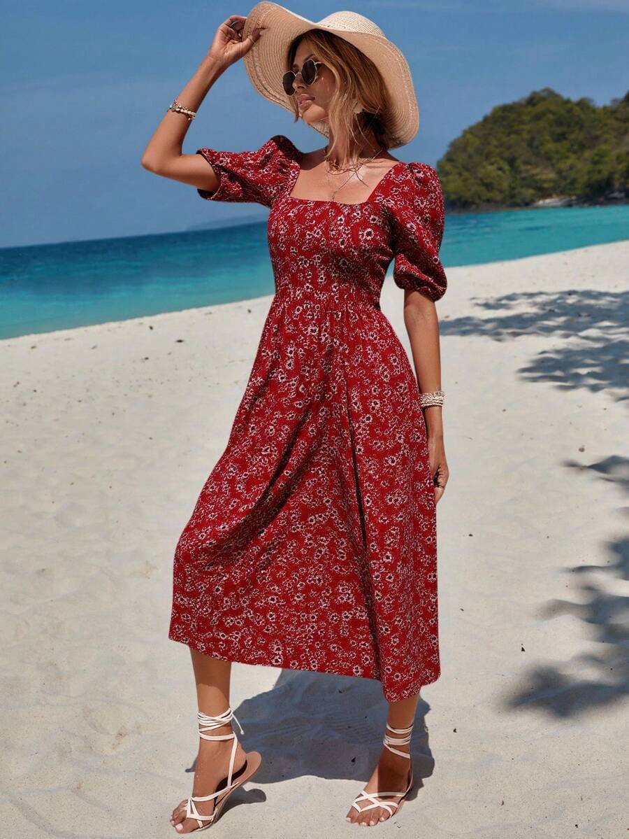 EURMUSE 女式夏季度假碎花泡泡袖连衣裙 - 彩色 - 查看 1
