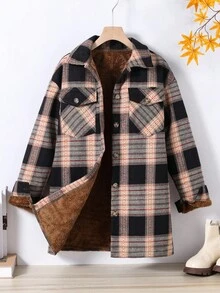 SHEIN Sparklyn Chaqueta de cuadros con bolsillos para adolescentes, de ajuste holgado y casual, de longitud media, adecuada para uso diario y para ir al trabajo, otoño/invierno