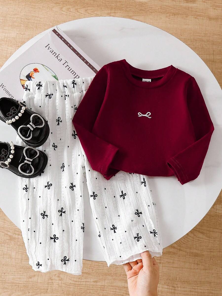 SHEIN 2 件套女婴优雅修身蝴蝶结装饰圆领长袖上衣和提花蝴蝶直筒裤套装,春秋 - 紅色 - 查看 1