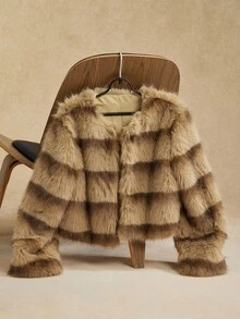 Easelle Khaki Damen Patchwork Kunstpelz Jacke mit Langarm, Herbst/Winter - Khaki - Übersicht 3