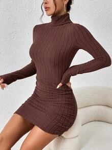 SHEIN Frenchy 纯色高领罗纹褶皱长袖连衣裙 - 咖啡 - 查看 6